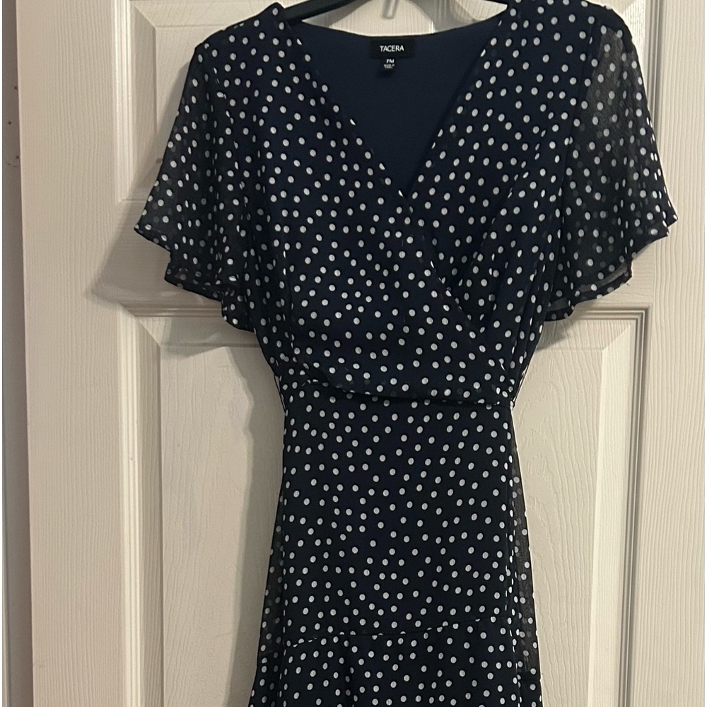 Navy & white polka dot, high-low ruffled short sleeve PM dress